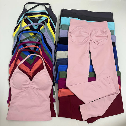No Logo 2-Piece Yoga Set – High-Waist Scrunch Leggings & Backless Tank Top for Women, Fitness Gym Outfit